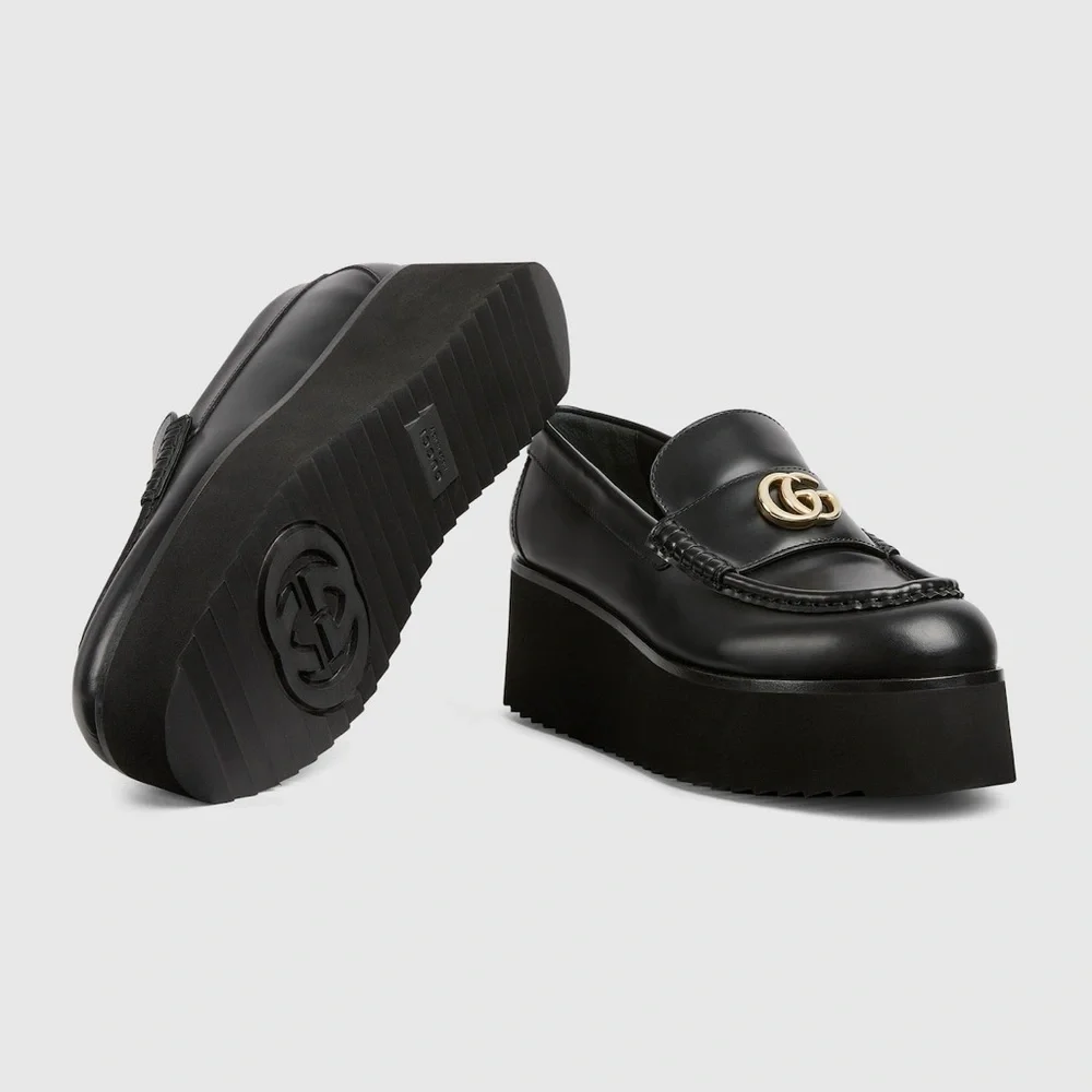 Gucci Black Platform Leather Loafers with Gold Emblem - Women - Picture 6 of 9